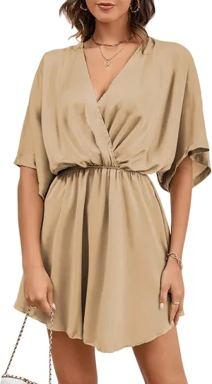 LYANER Women's Satin V Neck Twist Ruffle Flowy Swing Short Sleeve Elegant Mini Dress
