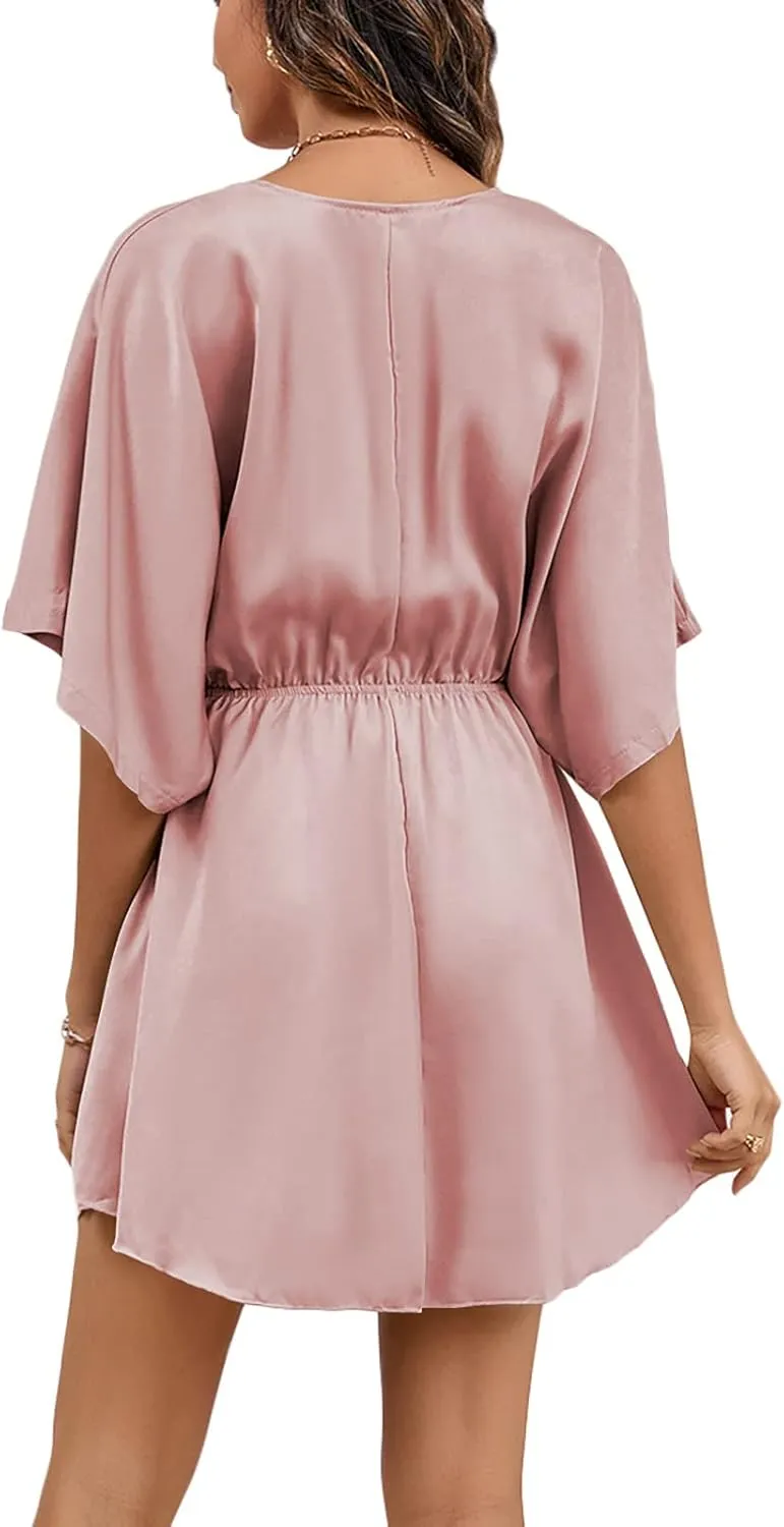 LYANER Women's Satin V Neck Twist Ruffle Flowy Swing Short Sleeve Elegant Mini Dress