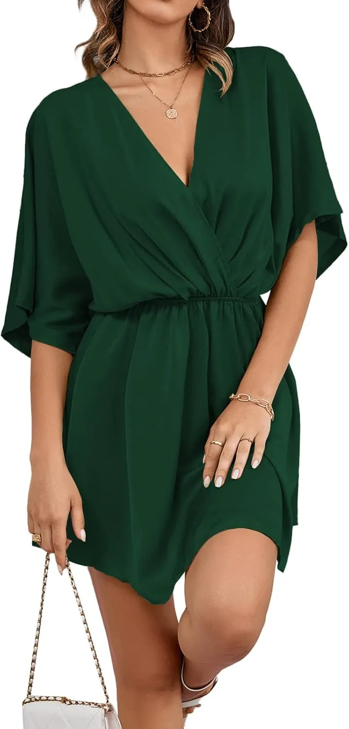 LYANER Women's Satin V Neck Twist Ruffle Flowy Swing Short Sleeve Elegant Mini Dress