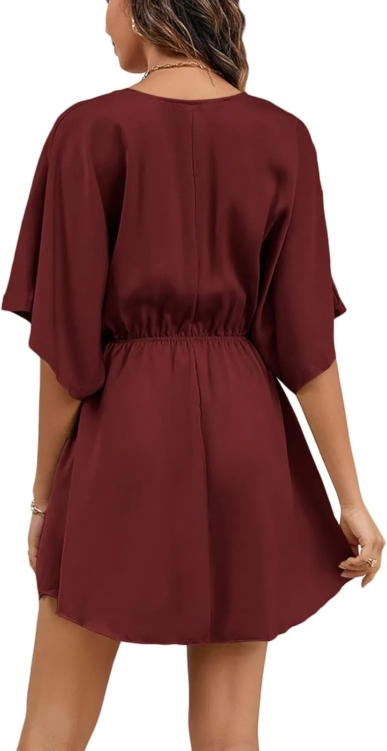 LYANER Women's Satin V Neck Twist Ruffle Flowy Swing Short Sleeve Elegant Mini Dress