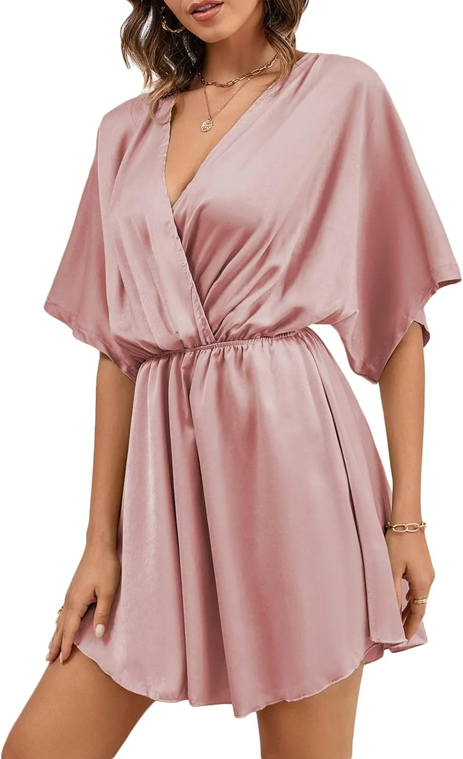 LYANER Women's Satin V Neck Twist Ruffle Flowy Swing Short Sleeve Elegant Mini Dress