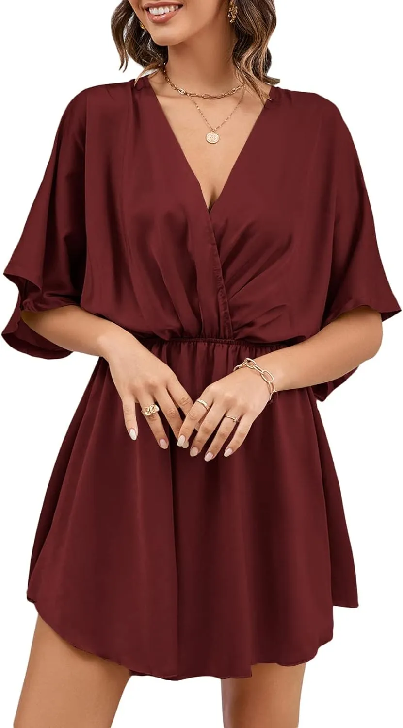 LYANER Women's Satin V Neck Twist Ruffle Flowy Swing Short Sleeve Elegant Mini Dress