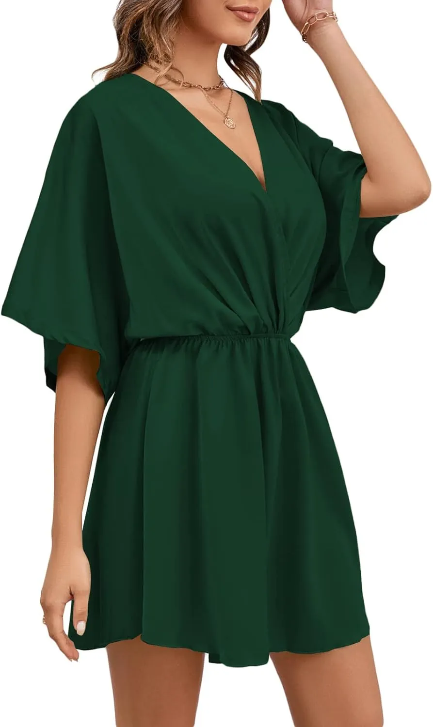 LYANER Women's Satin V Neck Twist Ruffle Flowy Swing Short Sleeve Elegant Mini Dress