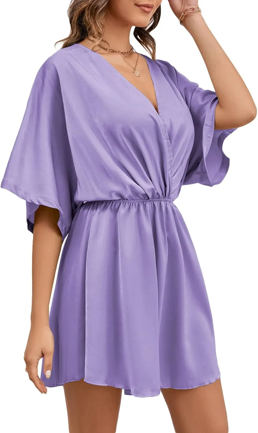 LYANER Women's Satin V Neck Twist Ruffle Flowy Swing Short Sleeve Elegant Mini Dress