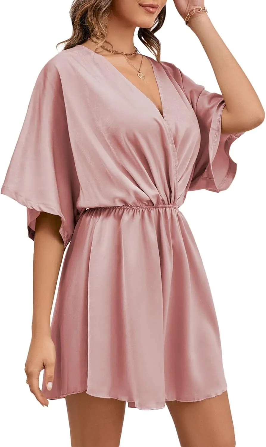 LYANER Women's Satin V Neck Twist Ruffle Flowy Swing Short Sleeve Elegant Mini Dress