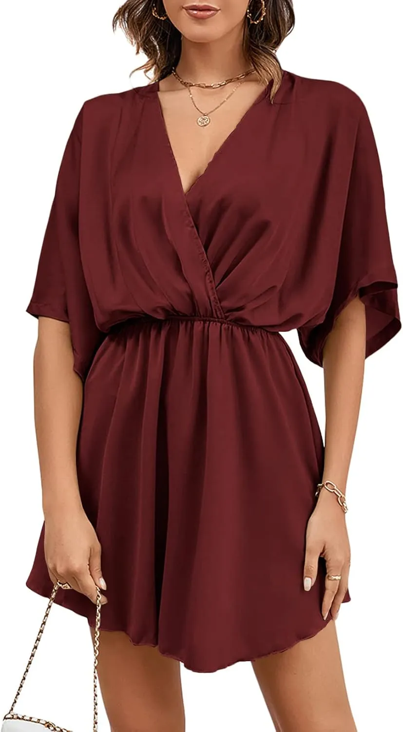LYANER Women's Satin V Neck Twist Ruffle Flowy Swing Short Sleeve Elegant Mini Dress