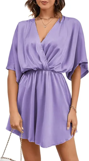LYANER Women's Satin V Neck Twist Ruffle Flowy Swing Short Sleeve Elegant Mini Dress