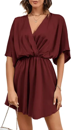 LYANER Women's Satin V Neck Twist Ruffle Flowy Swing Short Sleeve Elegant Mini Dress