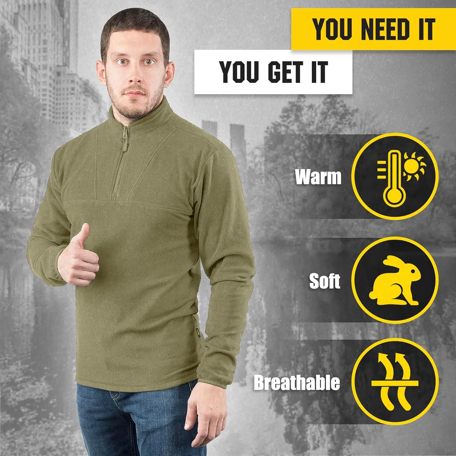 M-Tac Quarter Zip Pullover Men - Fleece Lined Thermal Shirt for Men - Lightweight Tactical Long Sleeve Shirt Top Delta