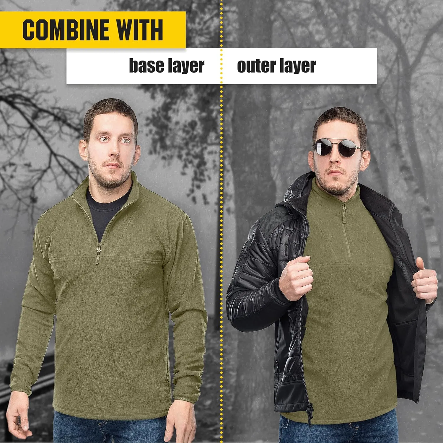 M-Tac Quarter Zip Pullover Men - Fleece Lined Thermal Shirt for Men - Lightweight Tactical Long Sleeve Shirt Top Delta