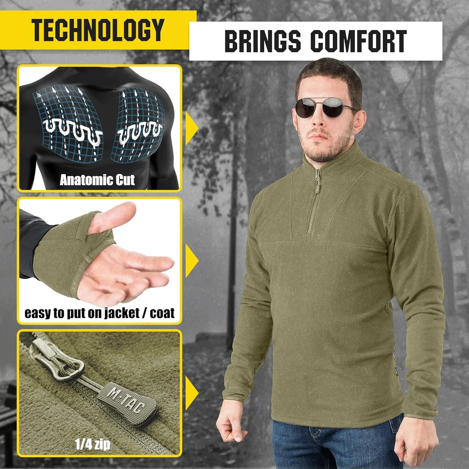 M-Tac Quarter Zip Pullover Men - Fleece Lined Thermal Shirt for Men - Lightweight Tactical Long Sleeve Shirt Top Delta