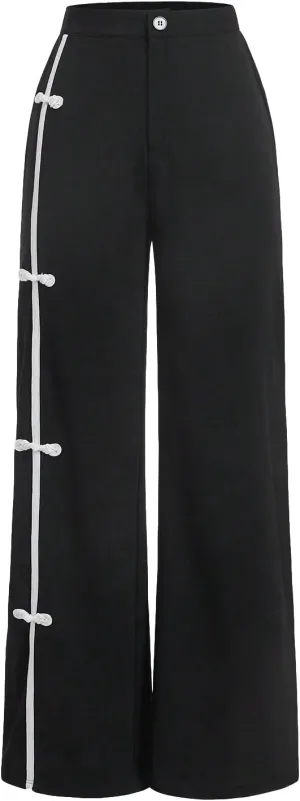 MakeMeChic Women's Casual Elastic Waist Wide Leg Button Straight Loose Pants Palazzo Trousers