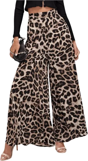 MakeMeChic Women's Leopard Print Wide Leg Palazzo Pants Straight Loose Long Trousers