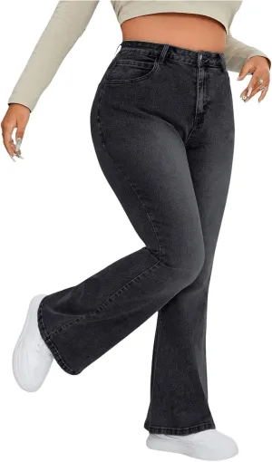 MakeMeChic Women's Plus Size Flare Jeans Bell Bottom Flare Long Denim Pants Y2K Trousers with Pocket