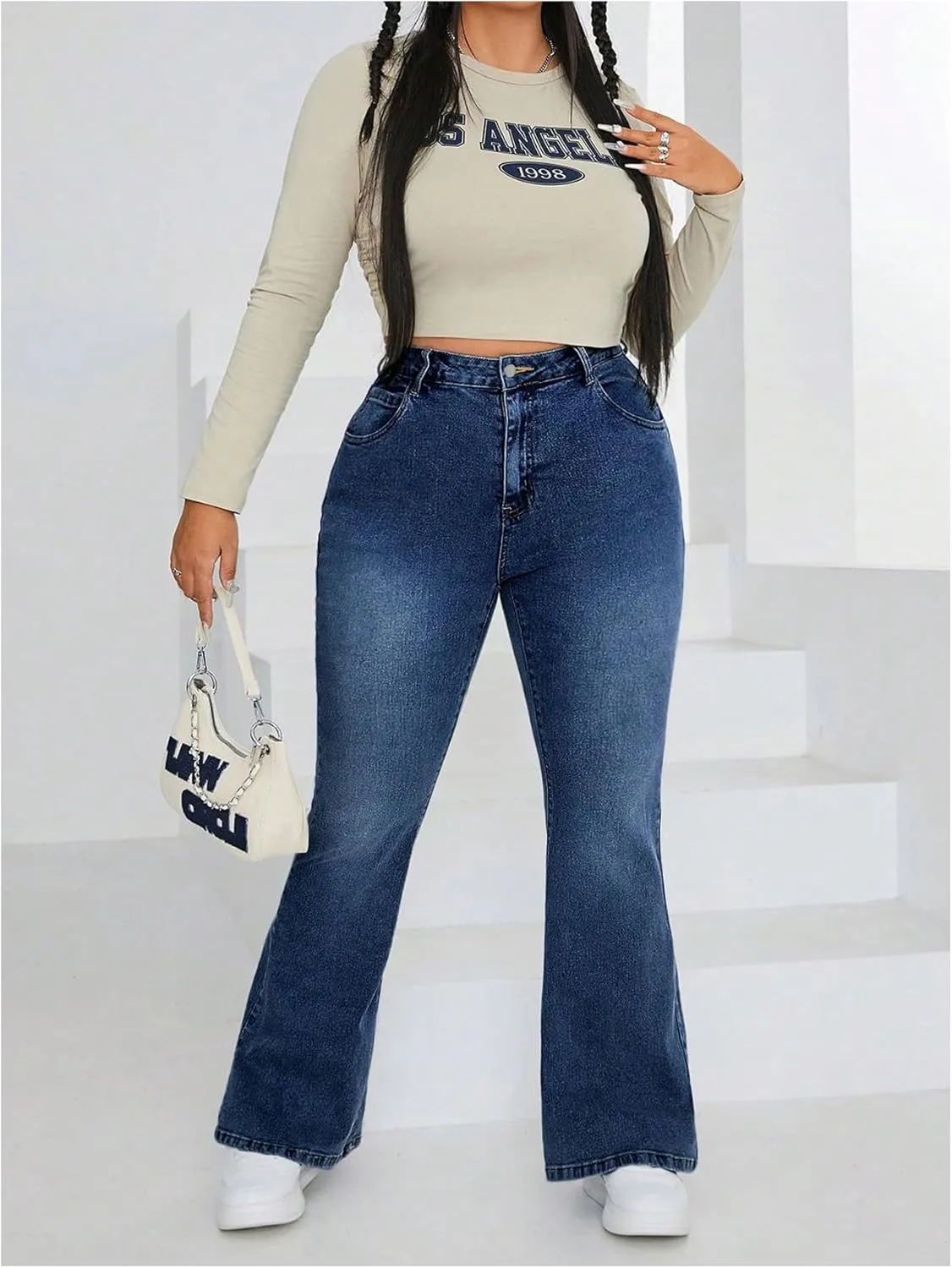 MakeMeChic Women's Plus Size Flare Jeans Bell Bottom Flare Long Denim Pants Y2K Trousers with Pocket