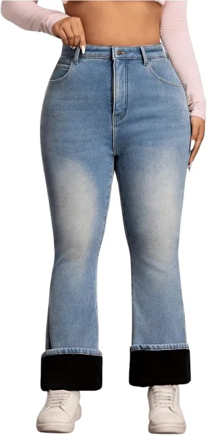 MakeMeChic Women's Plus Size Flare Jeans Bell Bottom Flare Long Denim Pants Y2K Trousers with Pocket