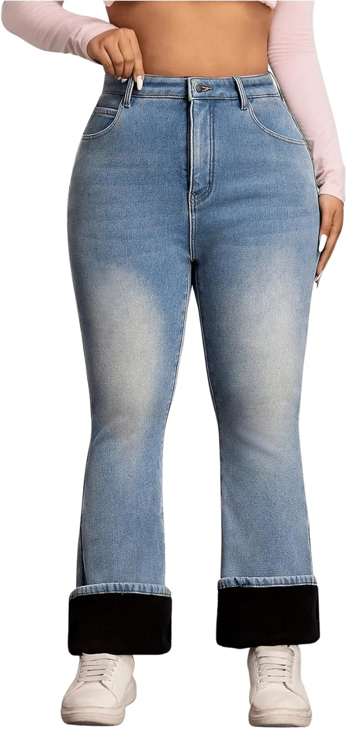 MakeMeChic Women's Plus Size Flare Jeans Bell Bottom Flare Long Denim Pants Y2K Trousers with Pocket
