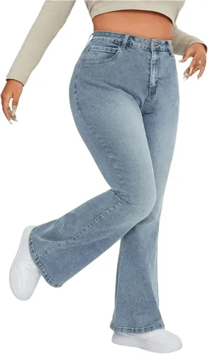 MakeMeChic Women's Plus Size Flare Jeans Bell Bottom Flare Long Denim Pants Y2K Trousers with Pocket