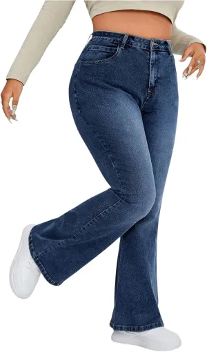 MakeMeChic Women's Plus Size Flare Jeans Bell Bottom Flare Long Denim Pants Y2K Trousers with Pocket