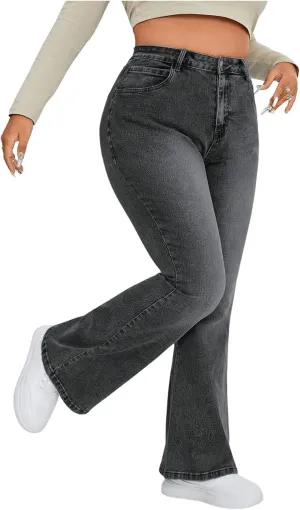 MakeMeChic Women's Plus Size Flare Jeans Bell Bottom Flare Long Denim Pants Y2K Trousers with Pocket