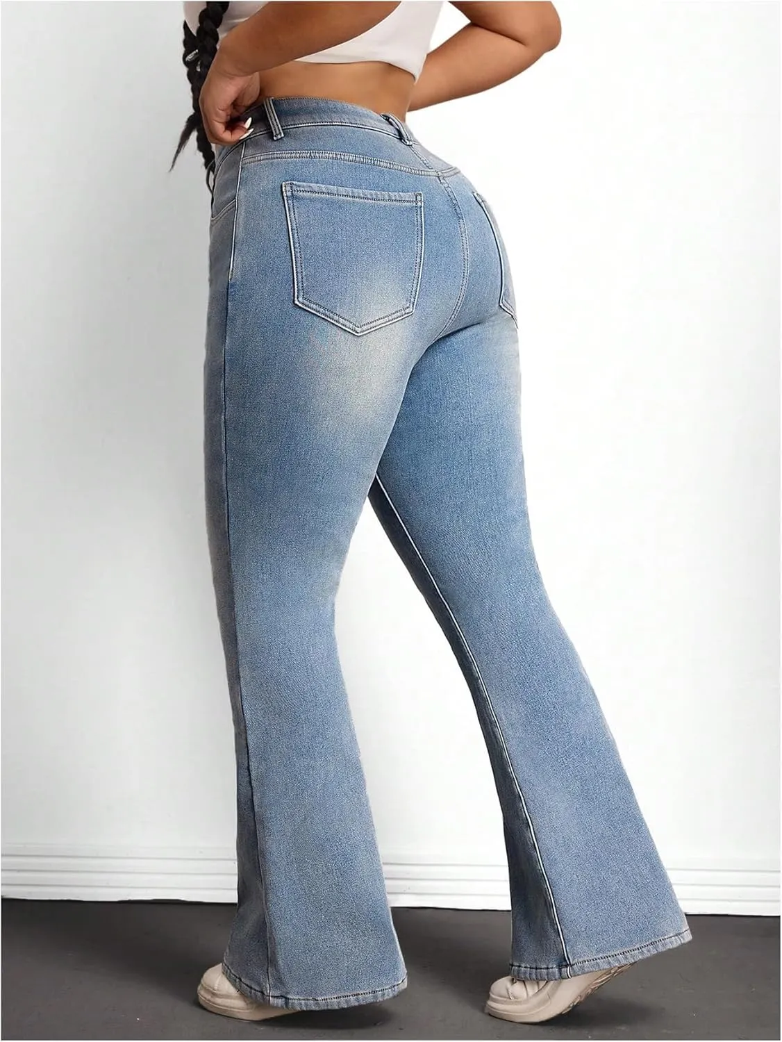 MakeMeChic Women's Plus Size Flare Jeans Bell Bottom Flare Long Denim Pants Y2K Trousers with Pocket