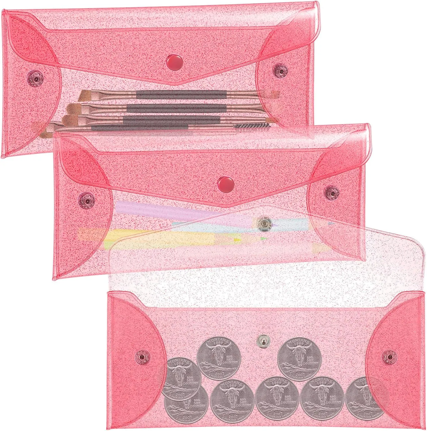 Maxdot 3 Pcs Clear Coin Purse Pouch Wallet Small Holographic Minimalist Iridescent Makeup Bag Makeup Bag Pencil Pouch Clear Transparent Cosmetic Bag Organizer Travel Handbag for Women (Rose Red)