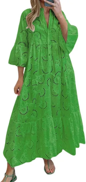 Melliflo Lace Embroidery Maxi Dress for Women V Neck Puff Sleeve Hollow Out Long Dress Boho Flowy Swing Beach Sundress
