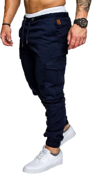 Men Cargo Chino Pants Drawstring Elastic Military Outdoor Slim Sweatpants Navy Size XS