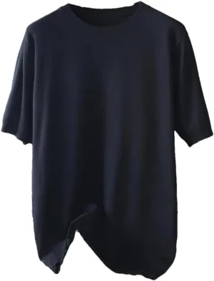 Men Knitted O-Neck Short Sleeve Tee Solid Color Thin Undershirt Tops T-Shirt Black
