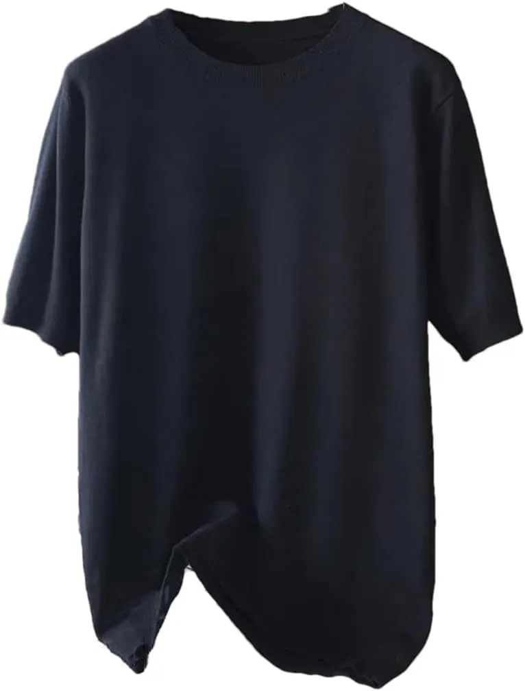 Men Knitted O-Neck Short Sleeve Tee Solid Color Thin Undershirt Tops T-Shirt Black