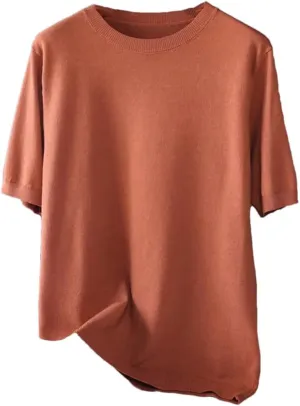 Men Knitted O-Neck Short Sleeve Tee Solid Color Thin Undershirt Tops T-Shirt Caramel