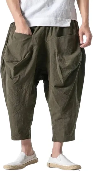 Men Linen Harem Pants Chinese Style Ankle-Length Pants Male Wide-Legged Trousers