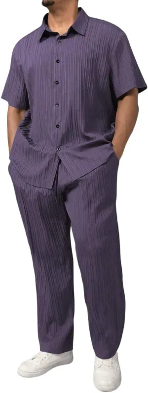 Men Solid Color 2-Piece Set Button Front Short Sleeve Shirt & Pants Daily Casual Ensemble Plus Size Men's Summer Leisure Set