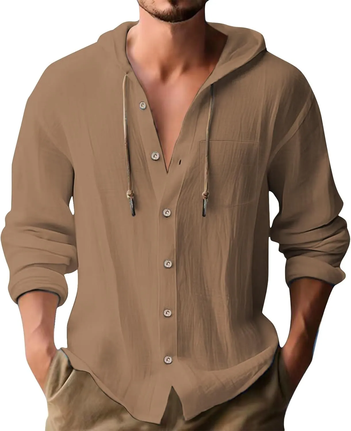 Men's Lightweight Summer Linen Shirt Long Sleeve Breathable Casual Button Down Shirt Slim Fit Shirts with Pockets