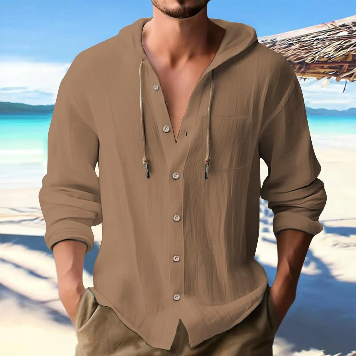 Men's Lightweight Summer Linen Shirt Long Sleeve Breathable Casual Button Down Shirt Slim Fit Shirts with Pockets