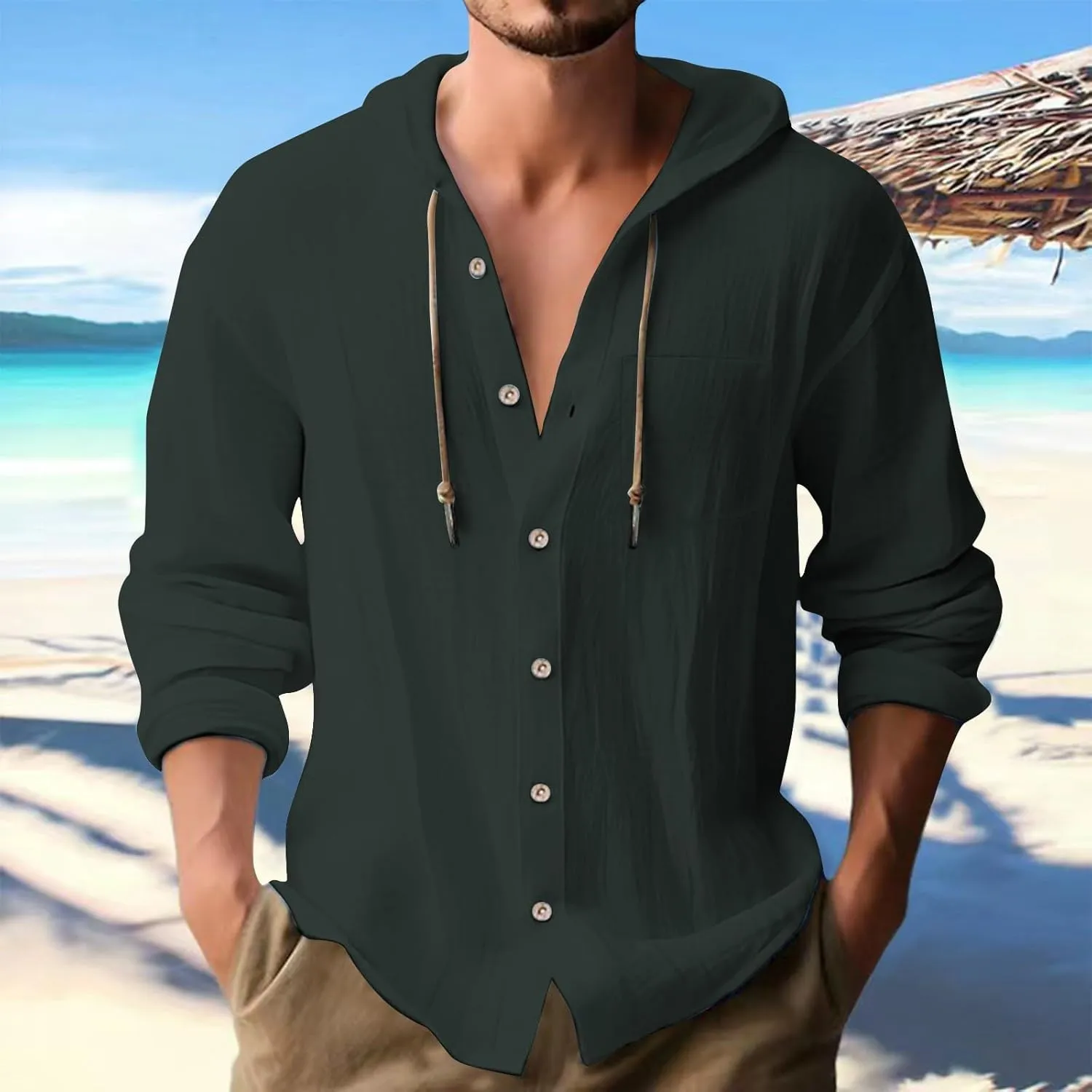 Men's Lightweight Summer Linen Shirt Long Sleeve Breathable Casual Button Down Shirt Slim Fit Shirts with Pockets