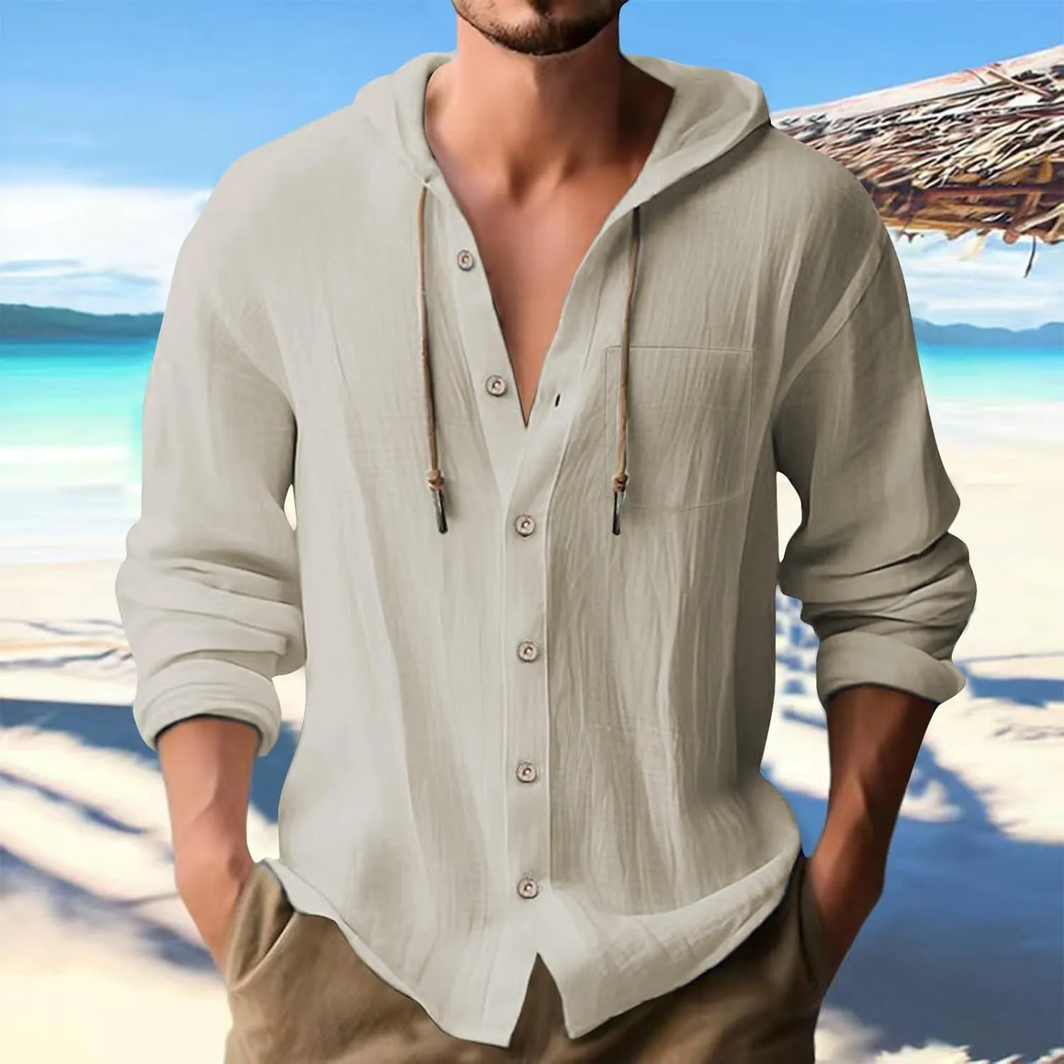 Men's Lightweight Summer Linen Shirt Long Sleeve Breathable Casual Button Down Shirt Slim Fit Shirts with Pockets