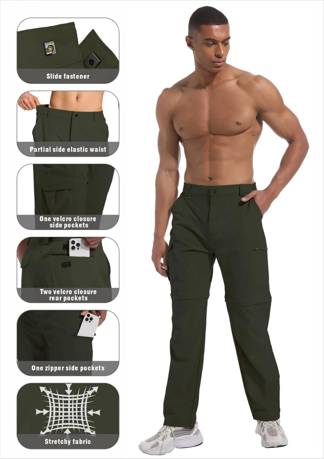 Mens Outdoor Hiking Pants Convertible Lightweight Water Resistant Quick Dry Zip Off Fishing Travel Camping Tactical Pants