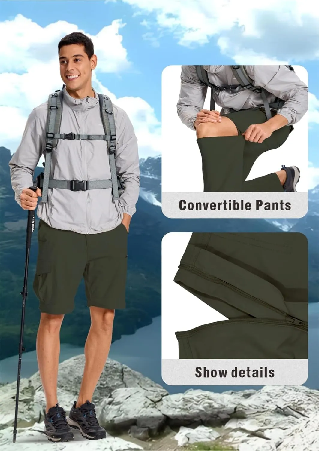 Mens Outdoor Hiking Pants Convertible Lightweight Water Resistant Quick Dry Zip Off Fishing Travel Camping Tactical Pants