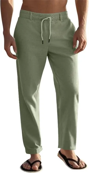 Men's Slim Fit Cotton Linen Pants Elastic Waist Lightweight Lacing Up Casual Pants Yoga Beach Trousers with Pockets