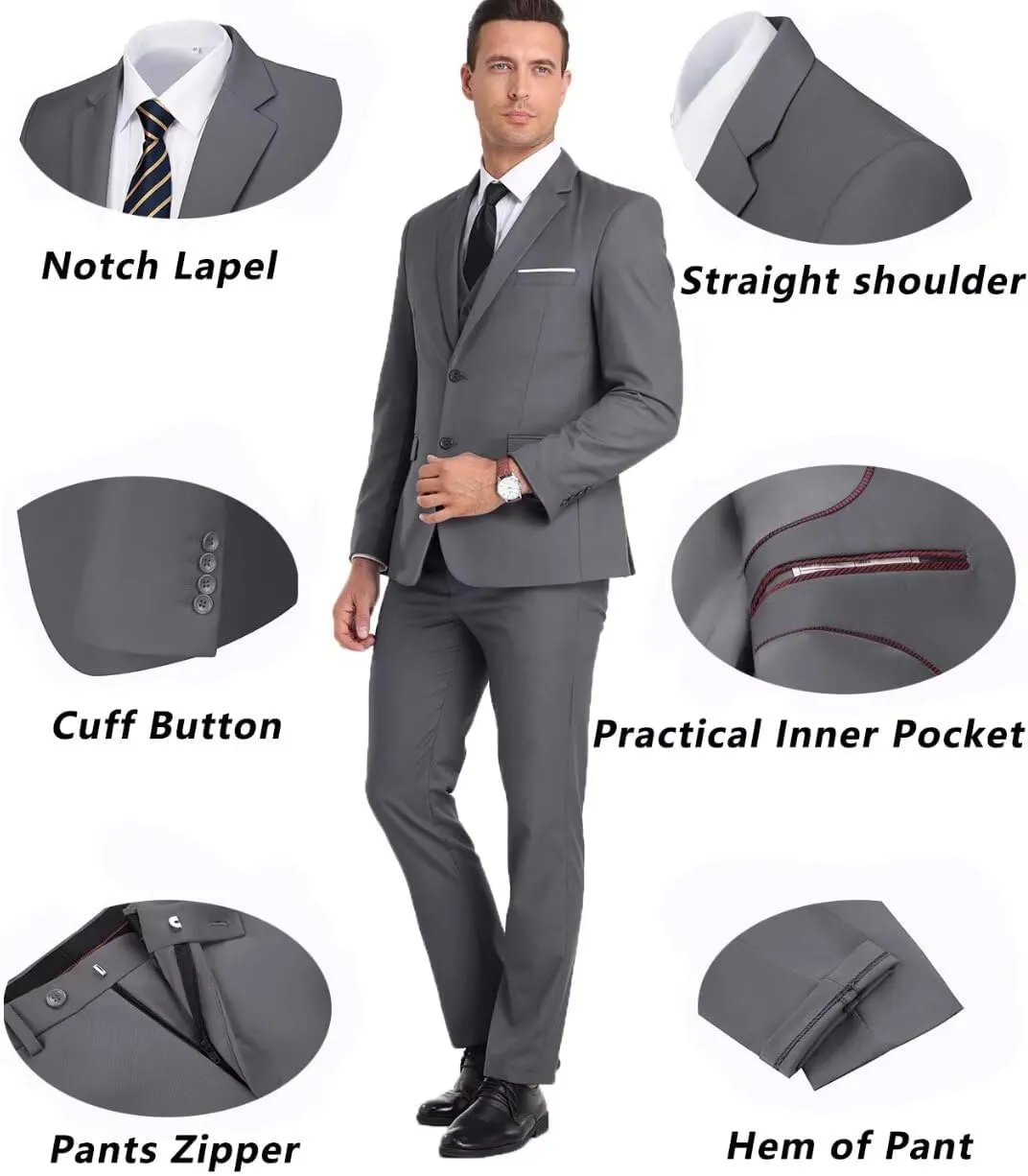 Mens Suit 3 Piece Set Slim Fit Wedding Groomsmen Suit for Men Two Buttons Suits Set Solid Jacket Vest Pants with Tie