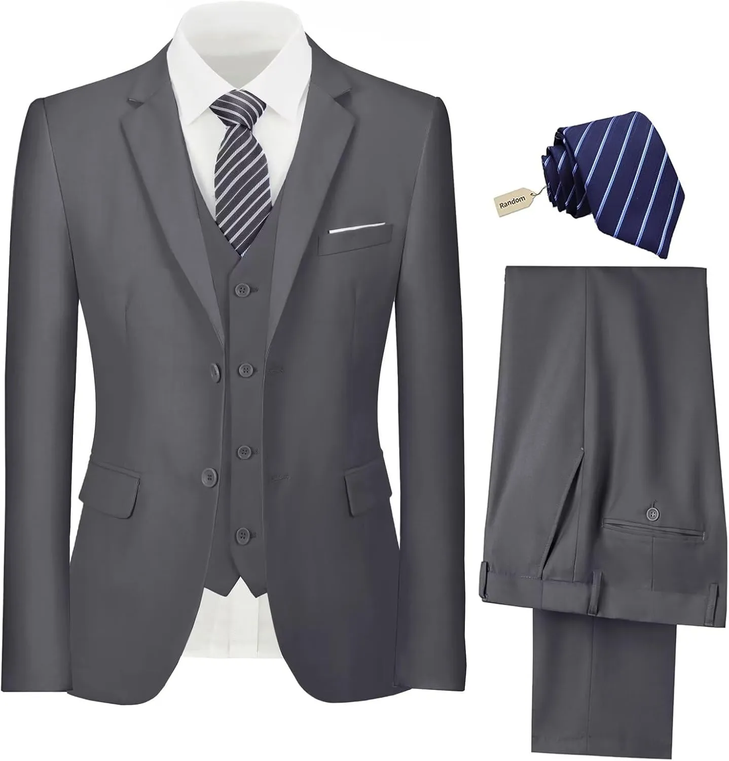 Mens Suit 3 Piece Set Slim Fit Wedding Groomsmen Suit for Men Two Buttons Suits Set Solid Jacket Vest Pants with Tie