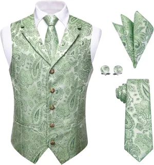 Mens Suit Vest 4PC Silk Paisley Vest with Necktie Pocket Square Cufflinks Formal Woven Waistcoat for Suit Tuxedo