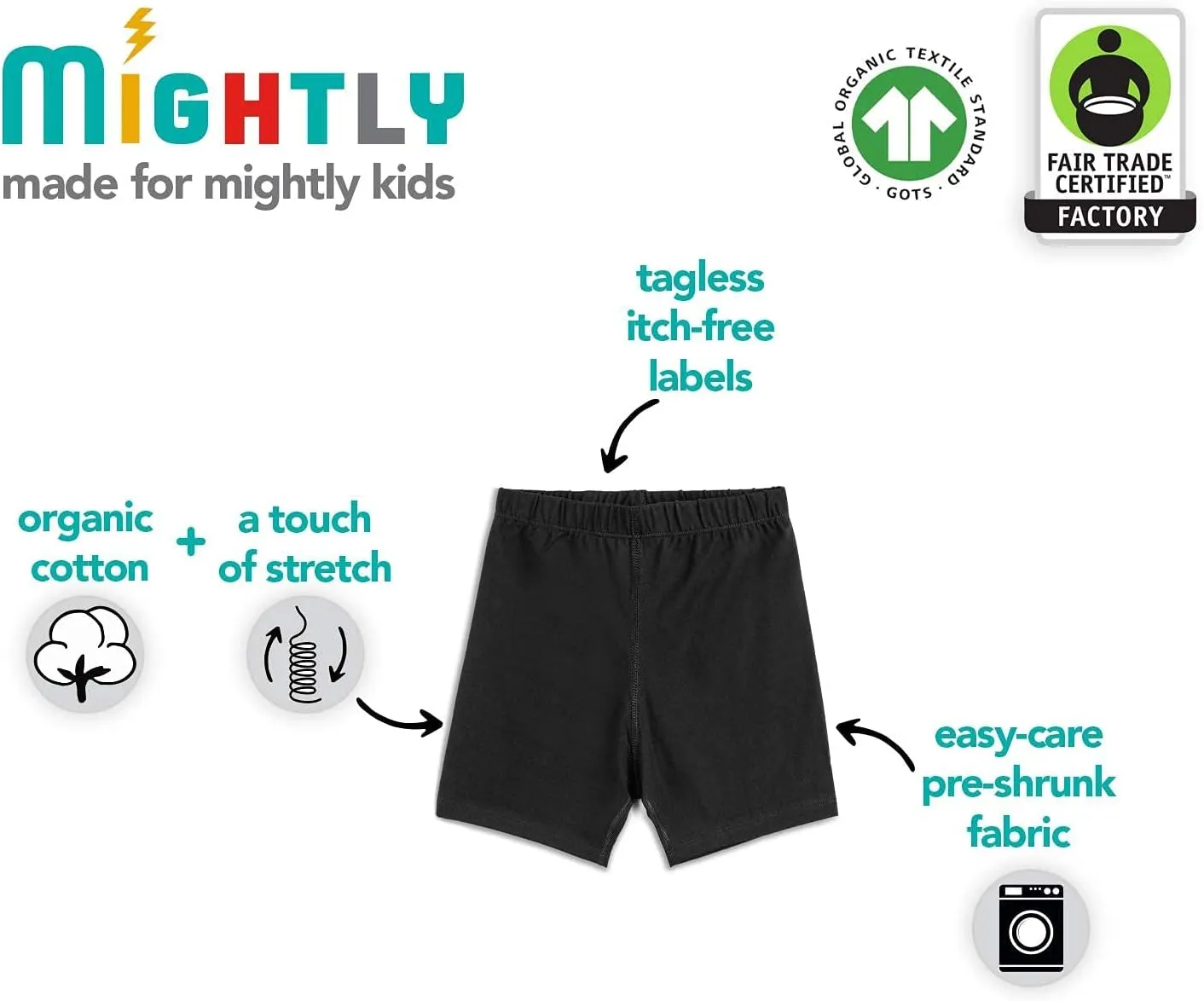 Mightly Girls' Cartwheel Shorts | 95% Soft Organic Cotton with a Touch of Stretch, Basic Undershorts for Kids, Pack of 3