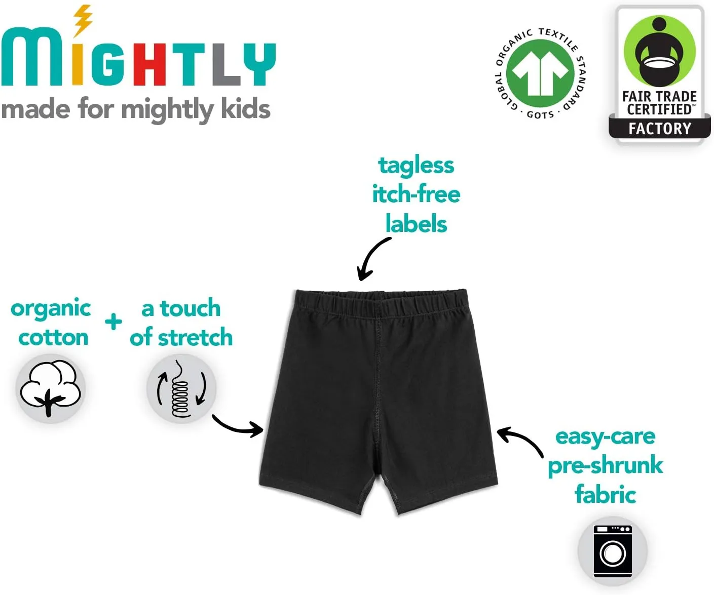 Mightly Girls' Cartwheel Shorts | 95% Soft Organic Cotton with a Touch of Stretch, Basic Undershorts for Kids, Pack of 3