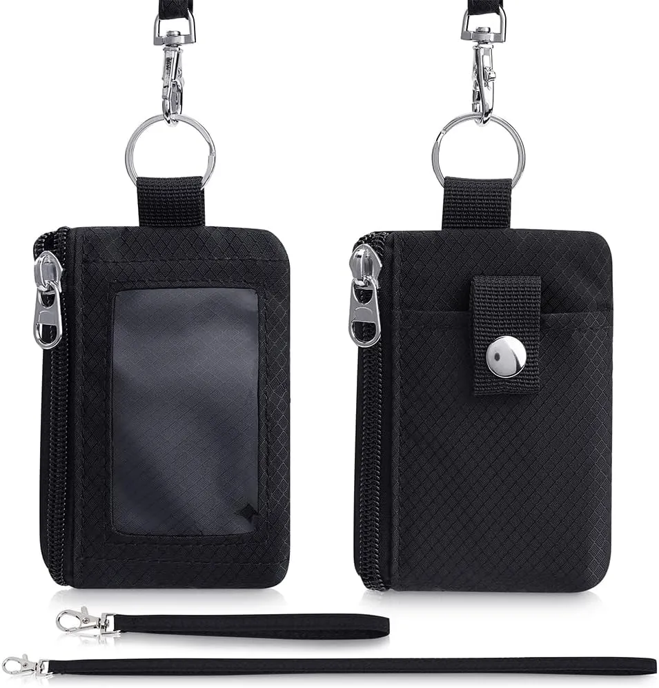 Minimalist Wallet For Mens Womens, Keychain RFID Blocking Zipper Small Wallet with ID Window 2 Lanyards,Water Resistant Travel Cash Card Coin Case Boys Girls