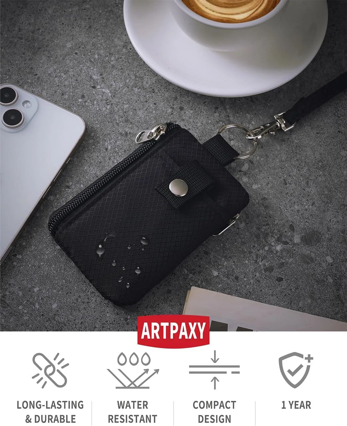 Minimalist Wallet For Mens Womens, Keychain RFID Blocking Zipper Small Wallet with ID Window 2 Lanyards,Water Resistant Travel Cash Card Coin Case Boys Girls