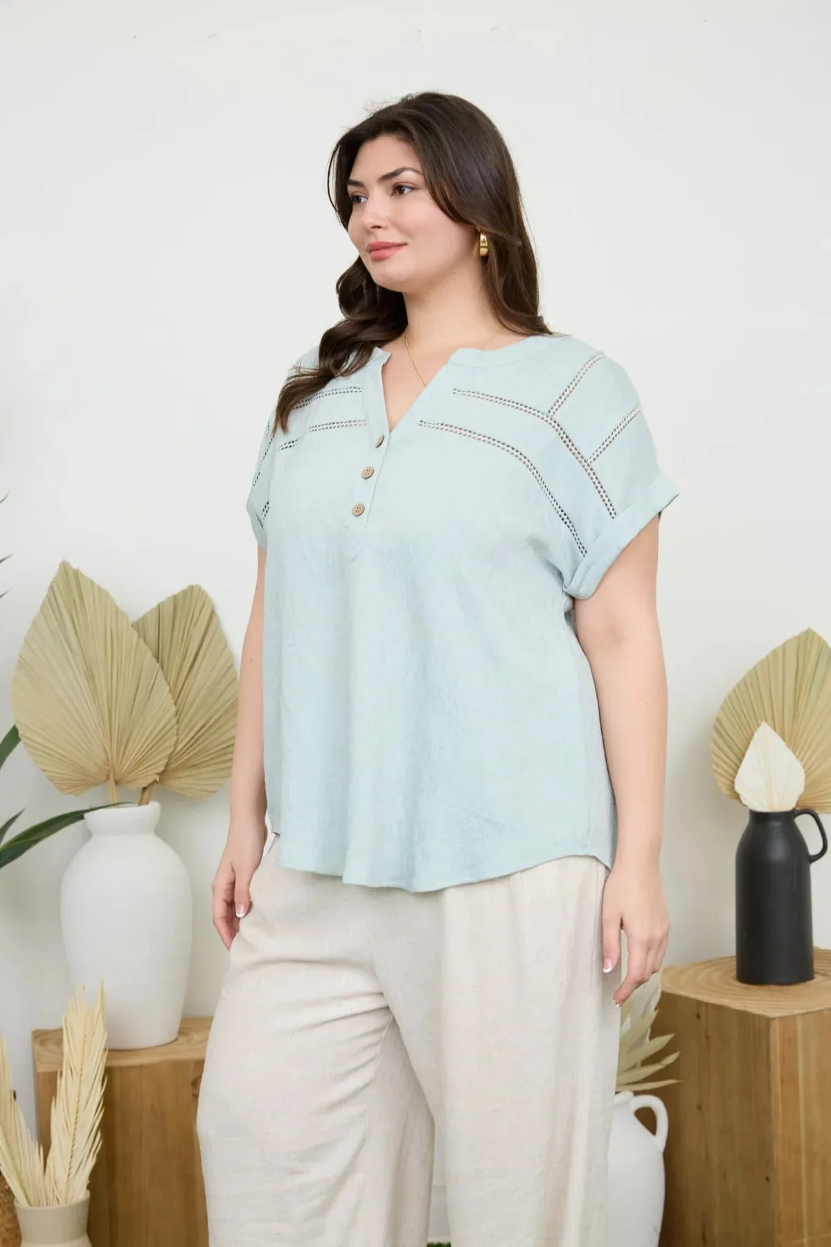 Mint Crochet Detail Button Top
