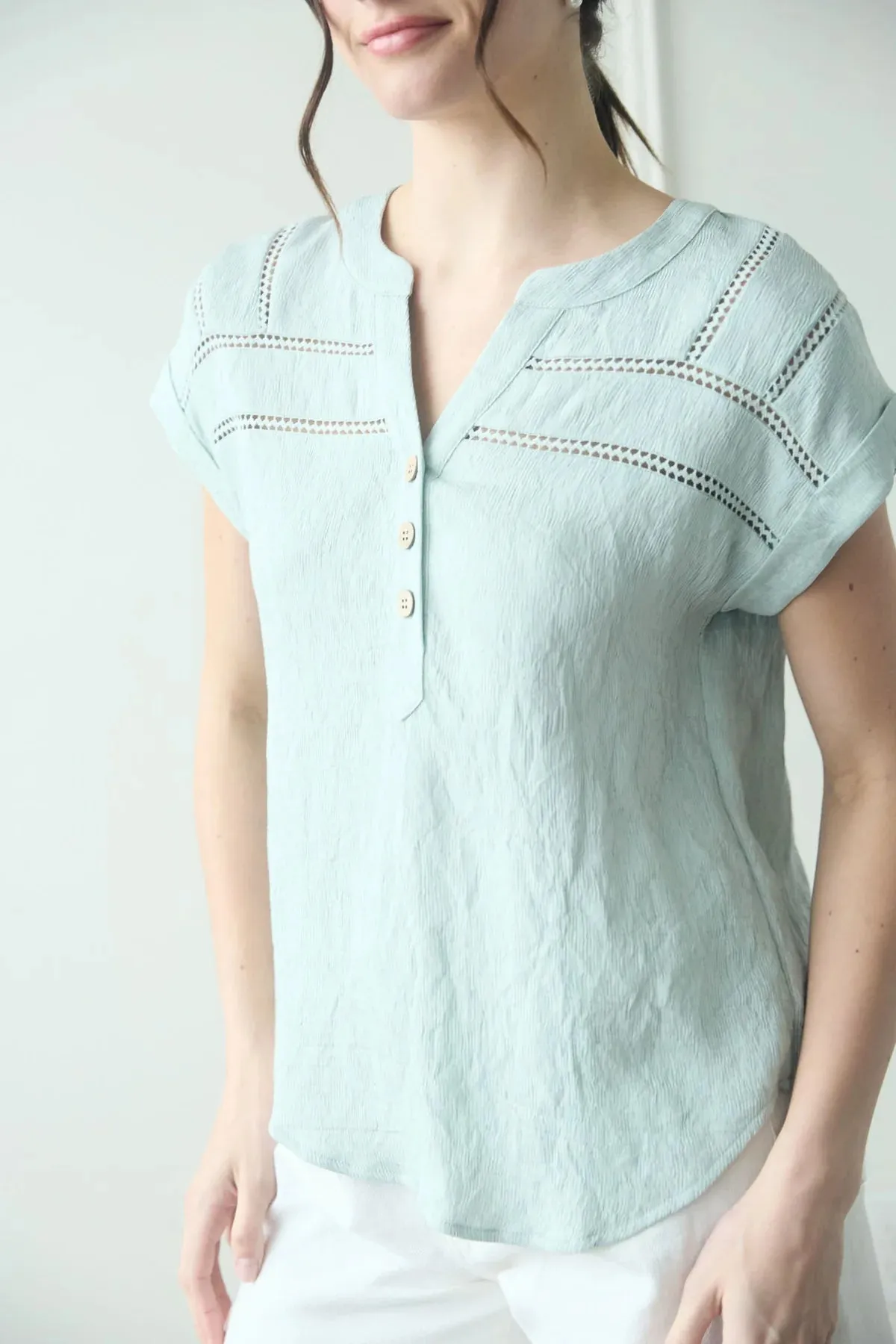 Mint Crochet Detail Button Top