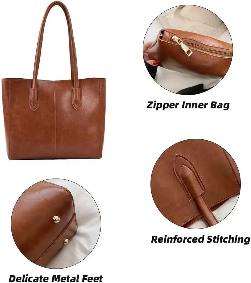 Mudono Purse and Handbag for Women Retro Leather Tote Bag Large Top Handle Satchel Daily Business Purse with Inner Zipper Bag